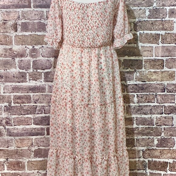 TEMOFON FLORAL SMOCKED SQUARE NECK BUBBLE SLEEVE TIERED MIDI DRESS MEDIUM - Picture 7 of 11